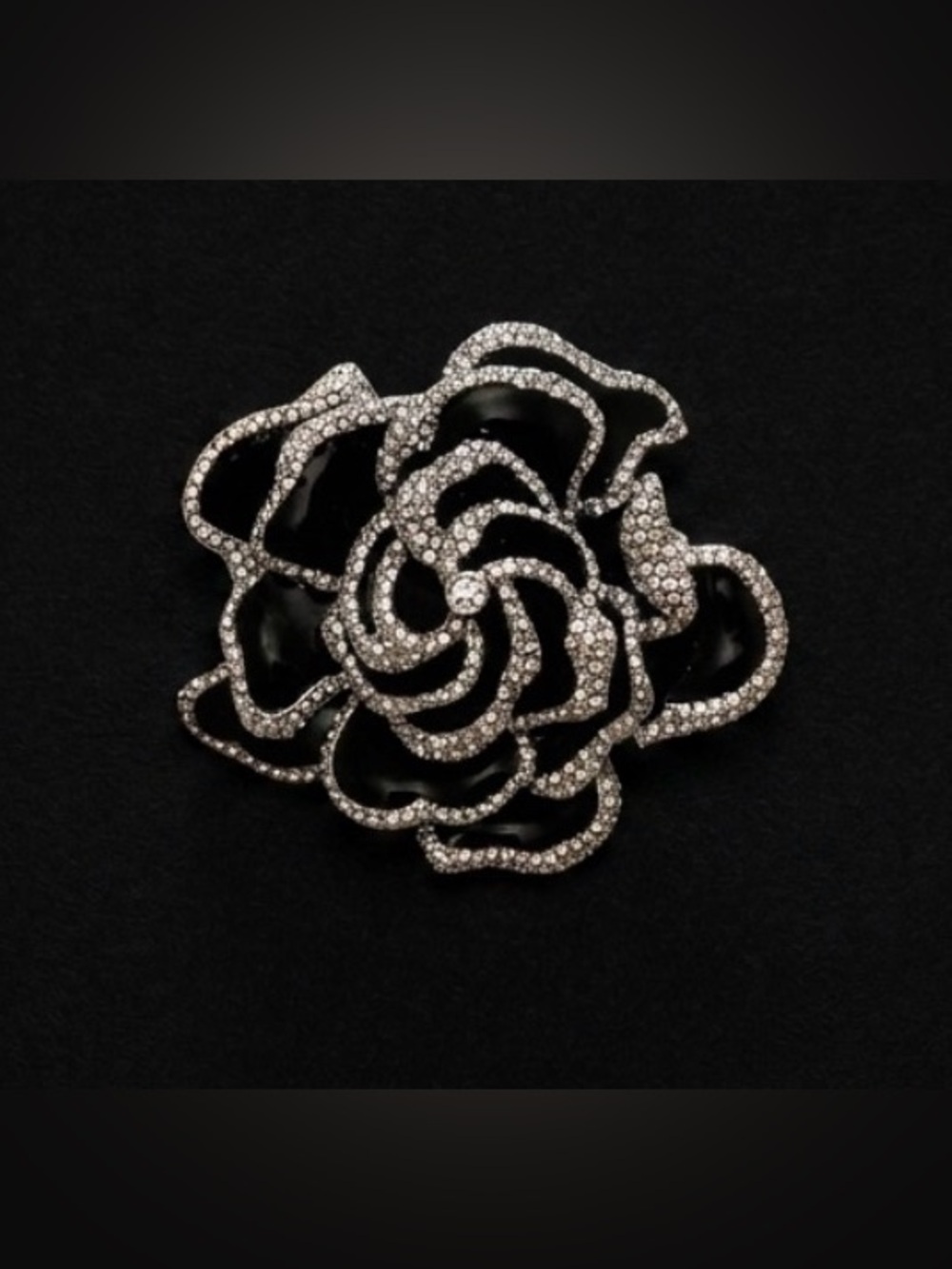 #290 Joan Rivers Classics Collection Black Enamel & Crystal Gardenia Brooch